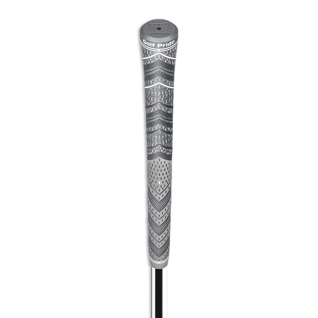 A close-up image of a black and white golf club grip with a red raised ridge and the brand 'Golf Pride' visible. front view