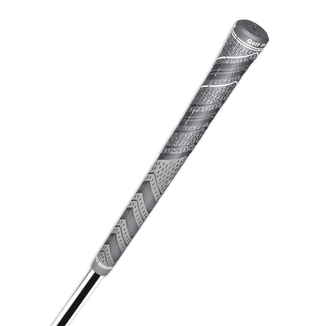 A close-up image of a black and white golf club grip with a red raised ridge and the brand 'Golf Pride' visible. side view