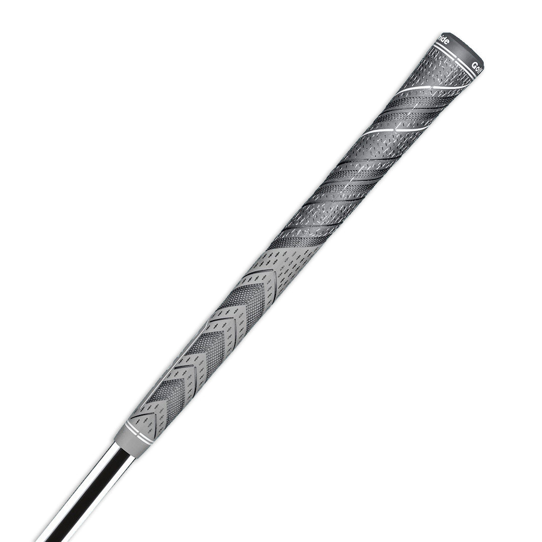 A close-up image of a black and white golf club grip with a red raised ridge and the brand 'Golf Pride' visible. horizontal view