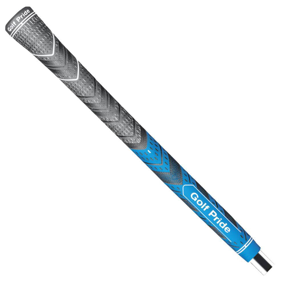 A Golf Pride midsize grip for golf clubs, featuring a black and blue design with white cord details.