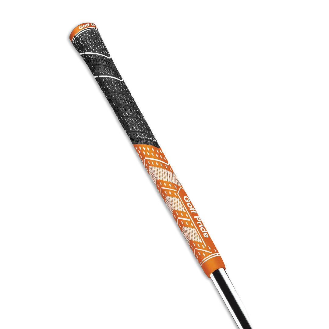 A Golf Pride midsize grip for golf clubs, featuring a hybrid construction with a soft rubber lower hand and a corded upper hand, in orange and white