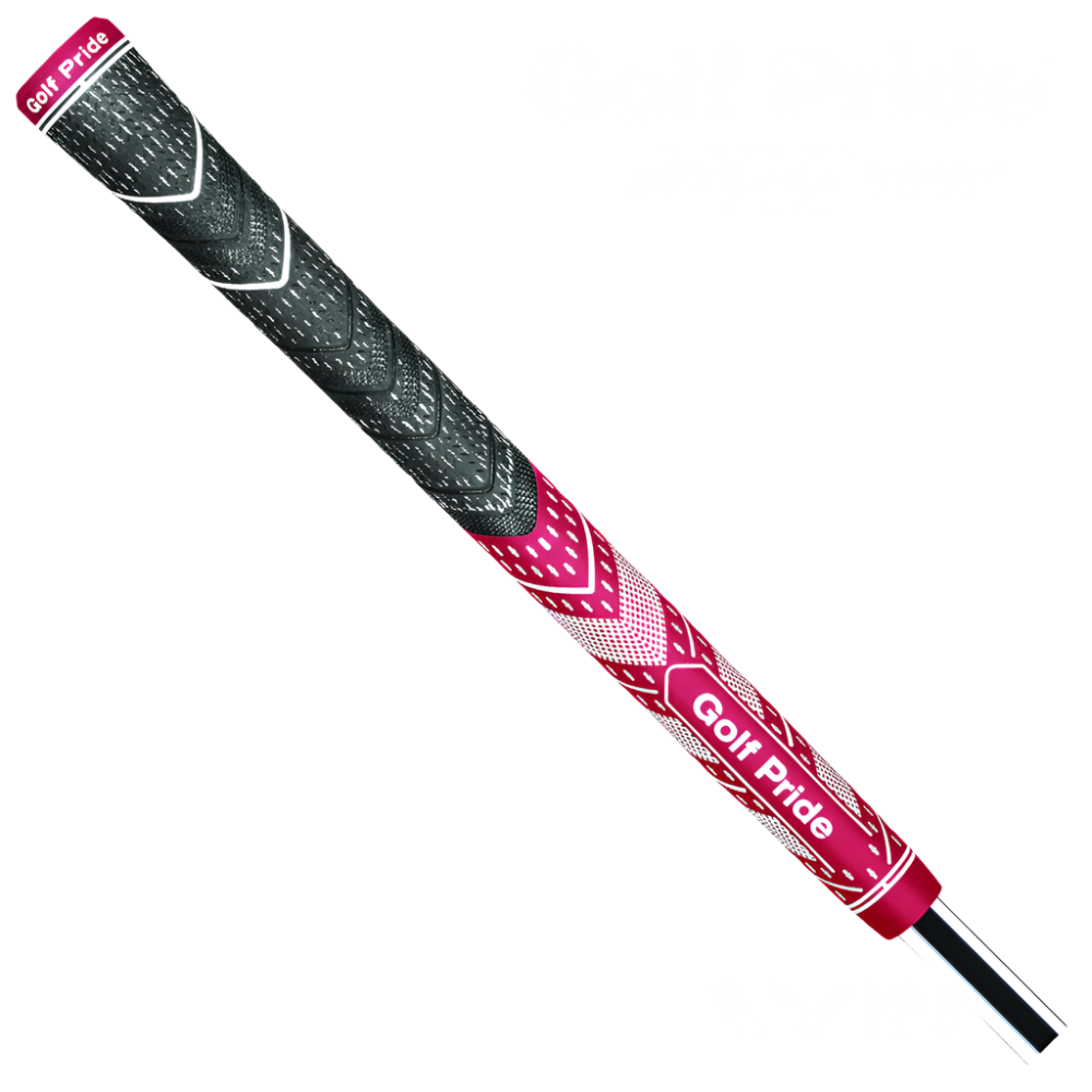A Golf Pride midsize grip for golf clubs, featuring a hybrid construction with a soft rubber lower hand and a corded upper hand, in bright pink