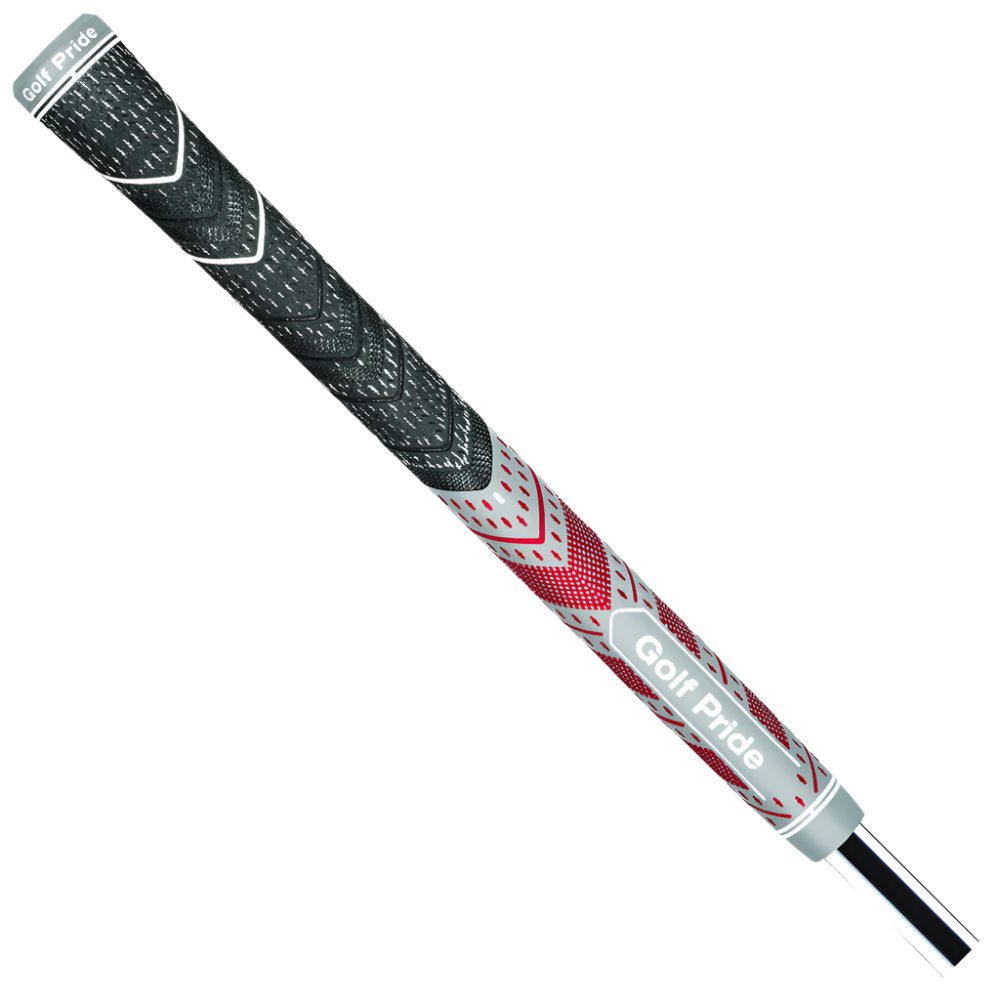 A Golf Pride midsize grip for golf clubs, featuring a hybrid construction with a soft rubber lower hand and a corded upper hand, in silver and red