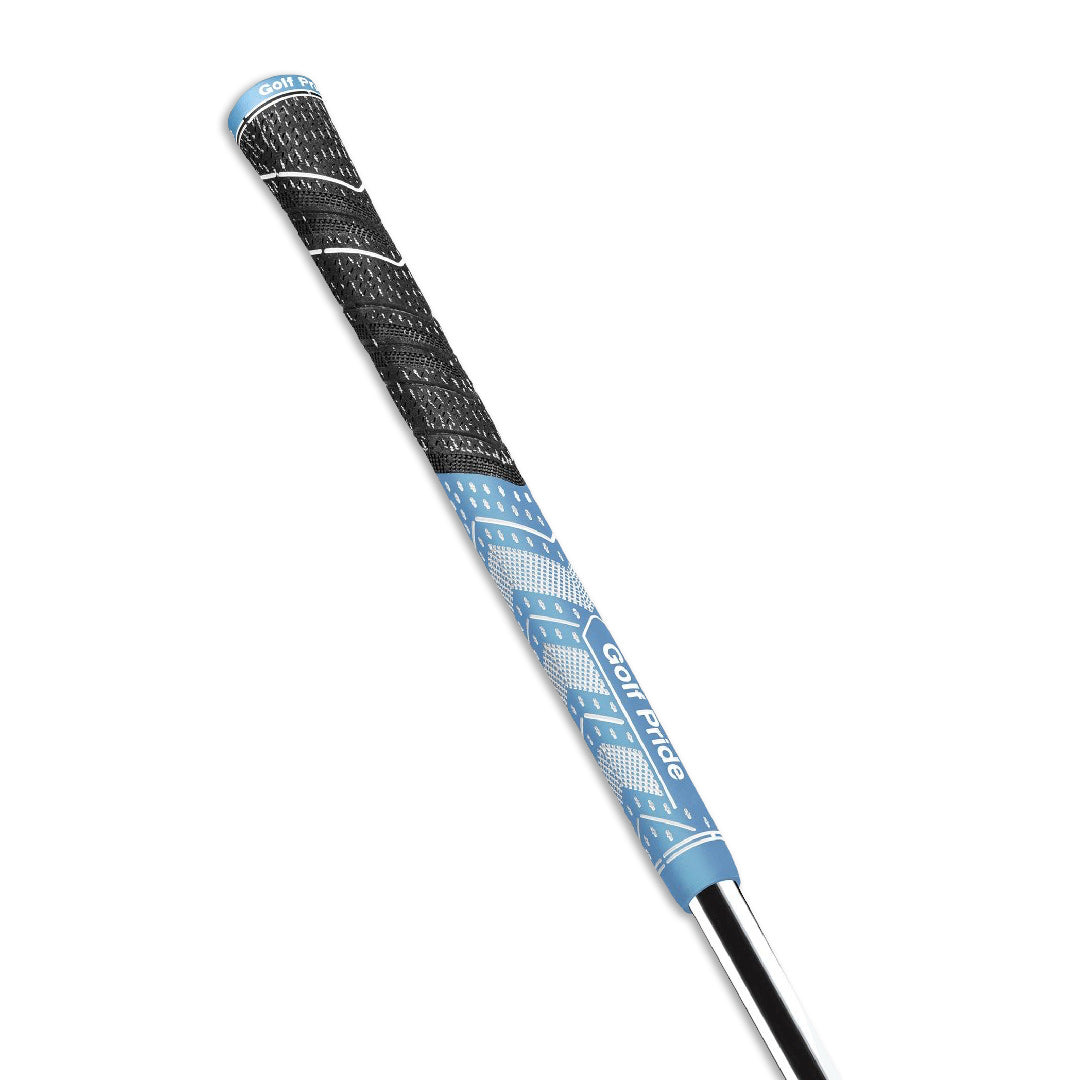 A Golf Pride midsize grip for golf clubs, featuring a hybrid construction with a soft rubber lower hand and a corded upper hand, in sky blue