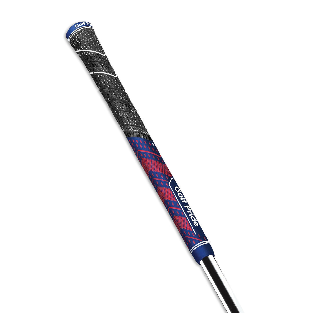 A Golf Pride midsize grip for golf clubs, featuring a hybrid construction with a soft rubber lower hand and a corded upper hand, in blue and red color