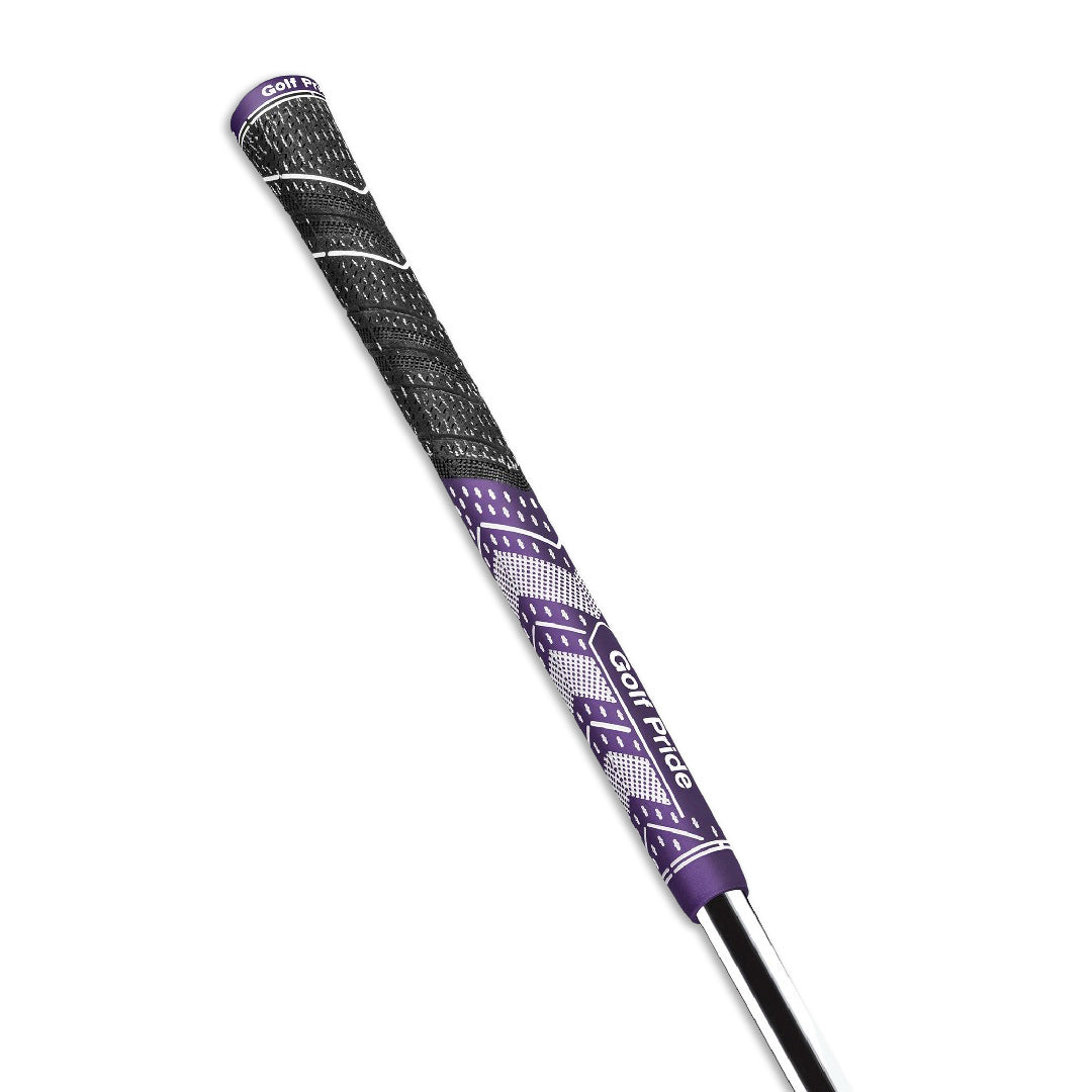 A Golf Pride midsize grip for golf clubs, featuring a hybrid construction with a soft rubber lower hand and a corded upper hand, in purple and white