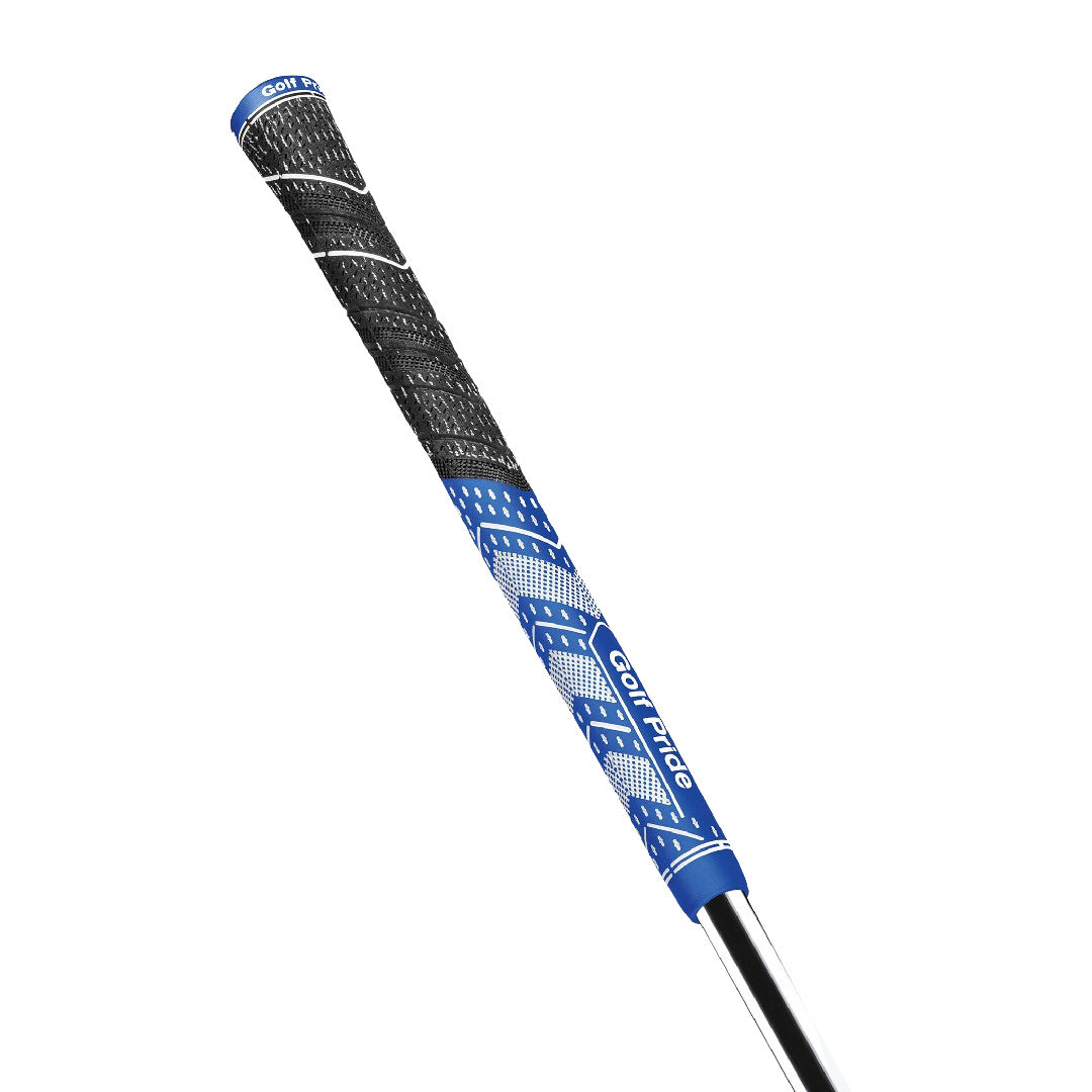 A Golf Pride midsize grip for golf clubs, featuring a hybrid construction with a soft rubber lower hand and a corded upper hand, in blue and white color