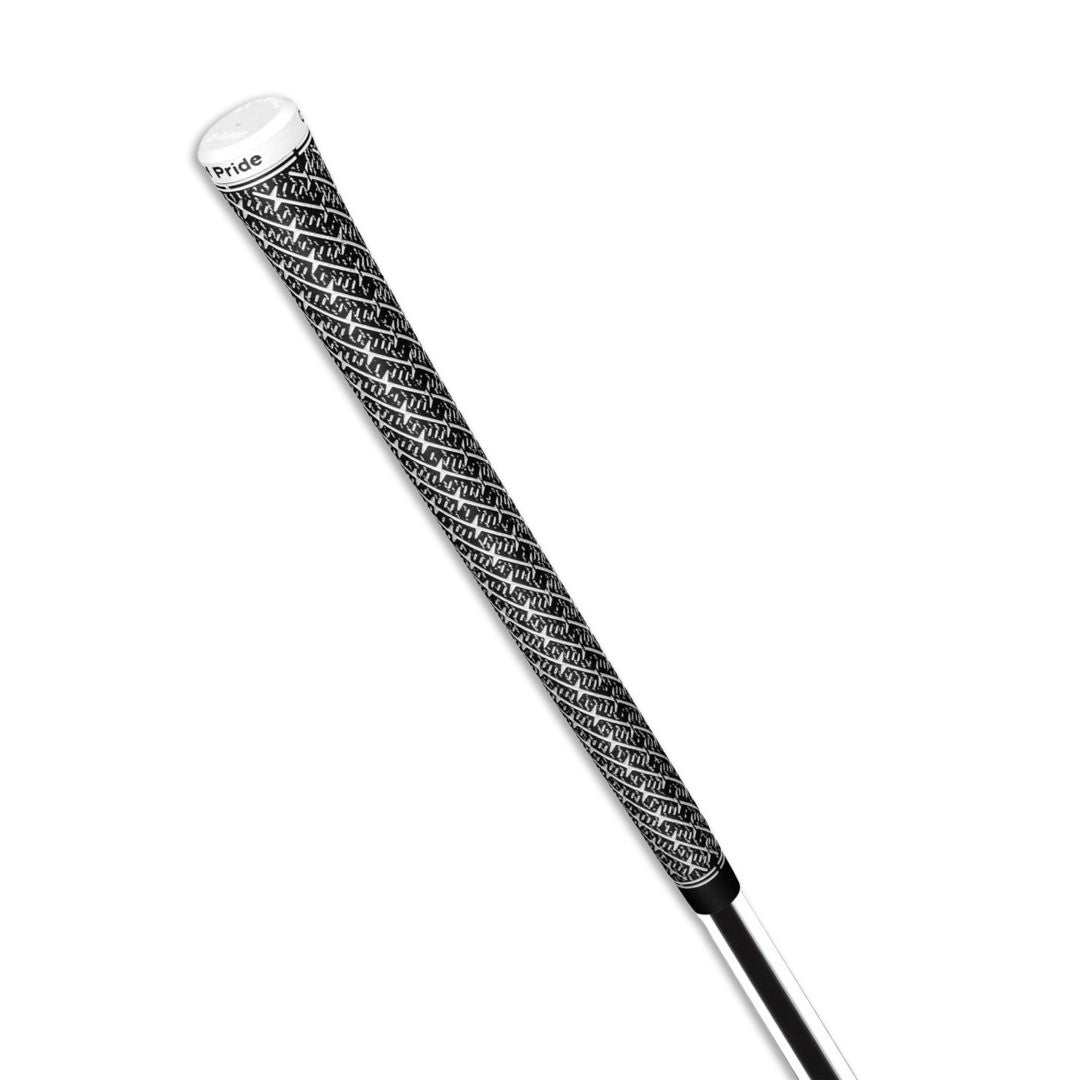 A Golf Pride midsize golf club grip with a Z-shaped texture pattern and white body paint fill vertical profile full view