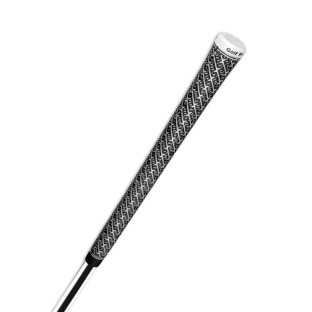 A Golf Pride midsize golf club grip with a Z-shaped texture pattern and white body paint fill full view.