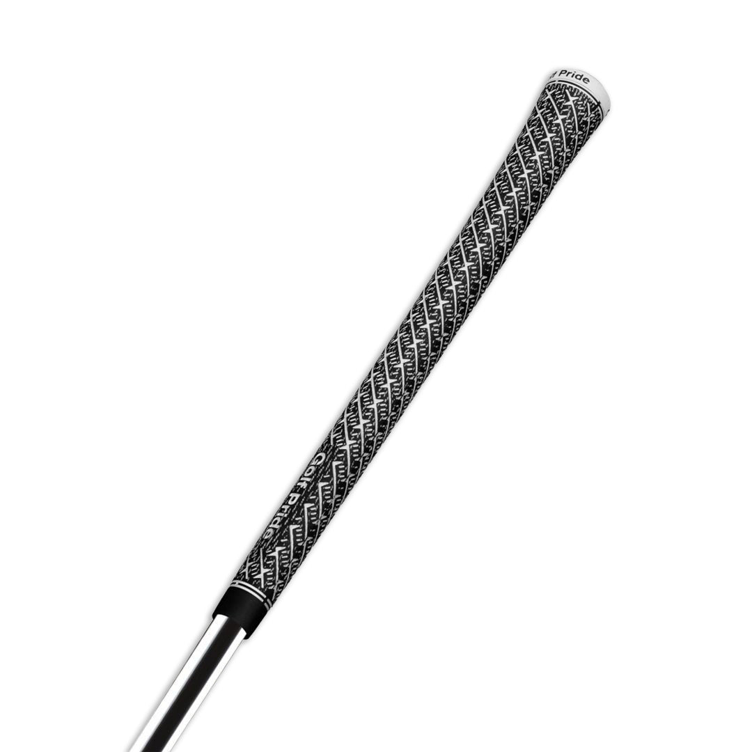 A Golf Pride midsize golf club grip with a Z-shaped texture pattern and white body paint fill full view.