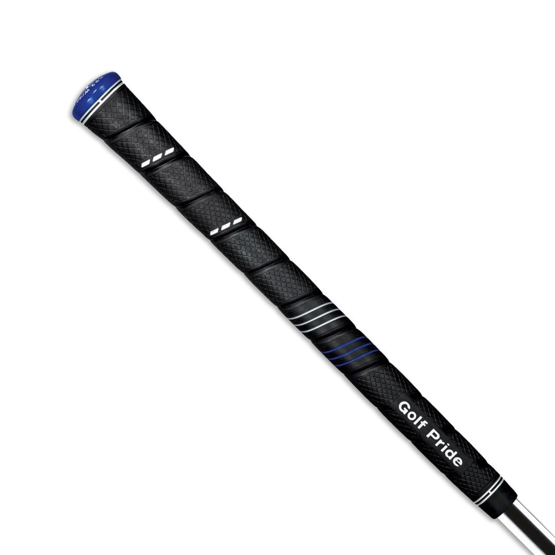 A close-up image of a black with blue accents golf club grip with the Golf Pride brand name visible.