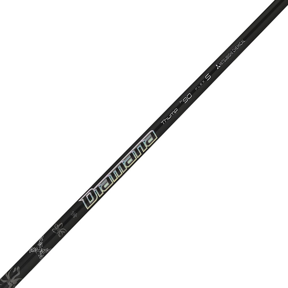 A single black Mitsubishi Chemical golf club shaft with white text indicating the model and specifications.