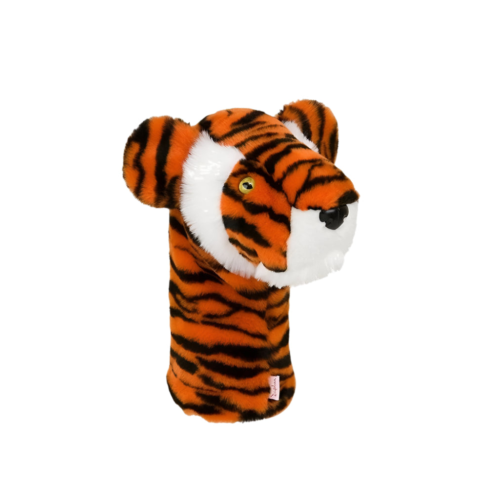 Golf hybrid club headcover designed to look like a tiger's face, predominantly orange with black stripes, with a white chin and chest.