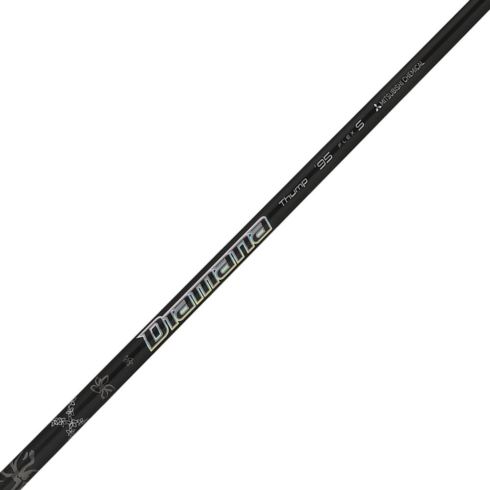 Black golf club shaft with branding on a white background