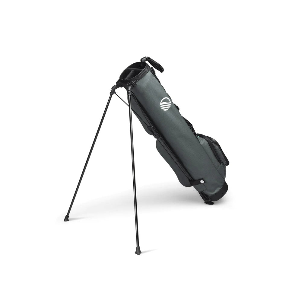 A black golf bag with a stand system, multiple pockets, and branding on the side.