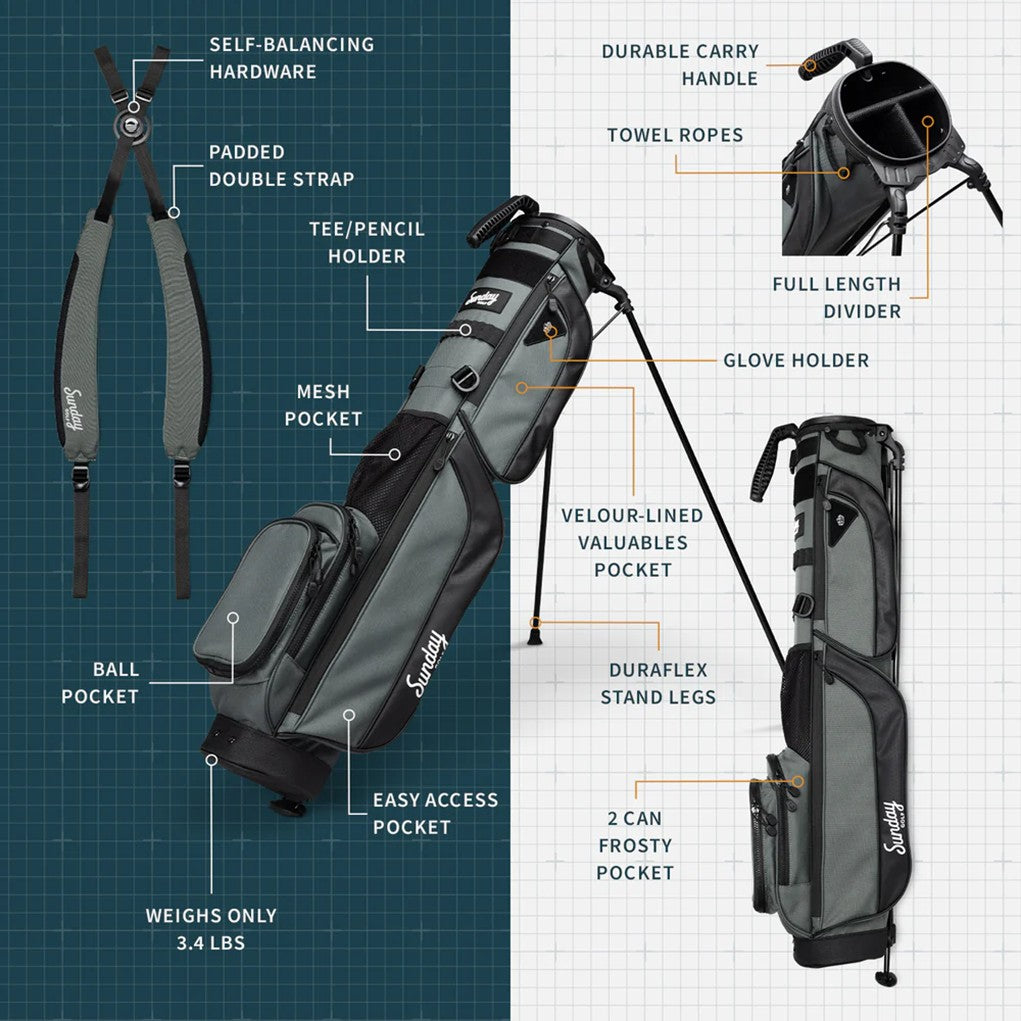 A black golf bag with a stand system, multiple pockets, and branding on the side brochure