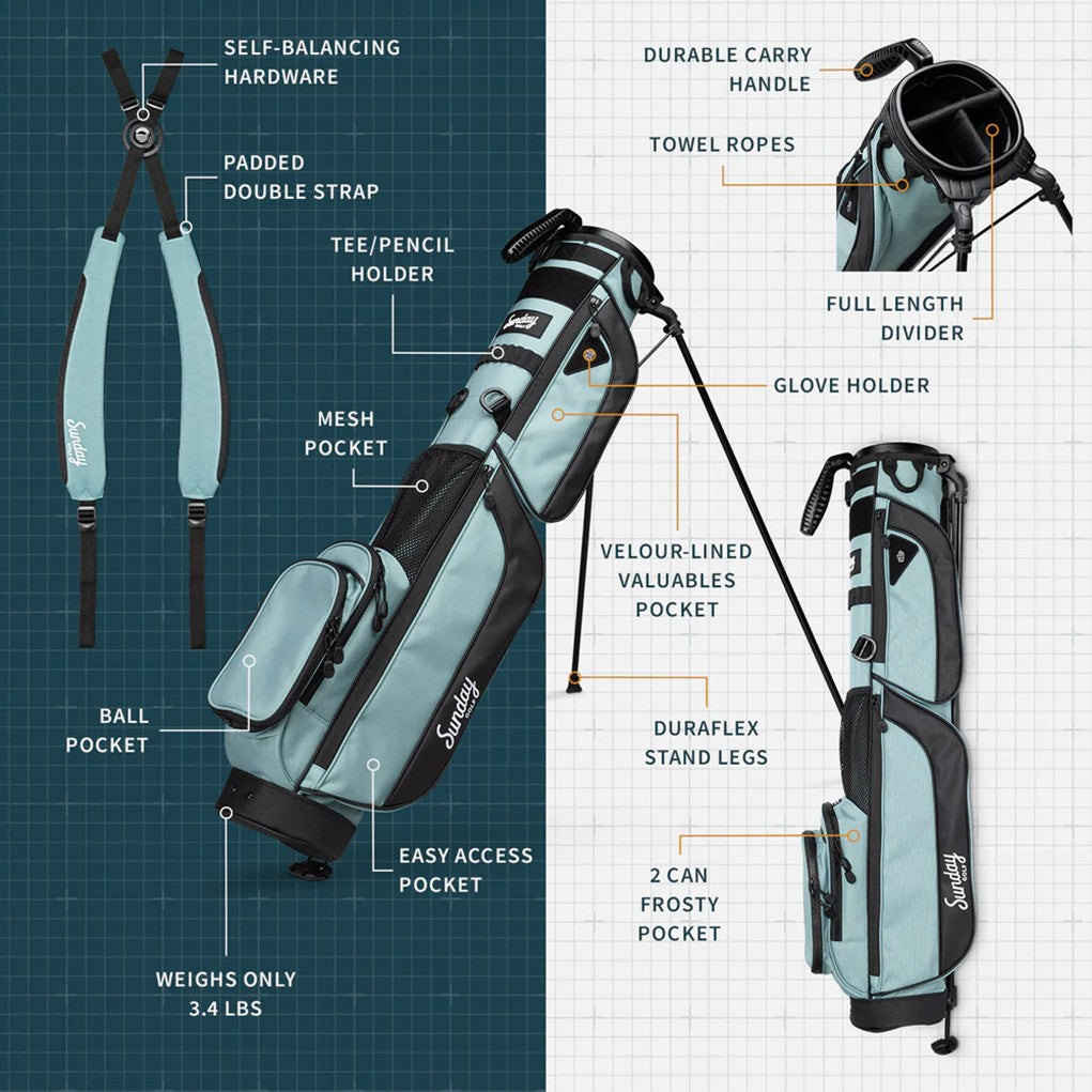 A light blue and black golf bag with a stand system brochure