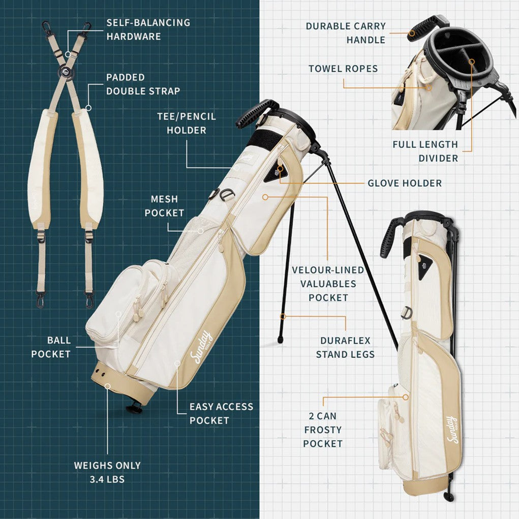 A beige and white golf bag with a stand system deployed, straps dismantled and stripped brochure