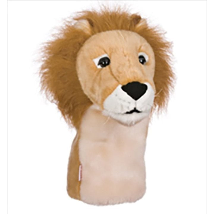 A beige golf club headcover designed to resemble a lion's head with a brown mane and black eyes.