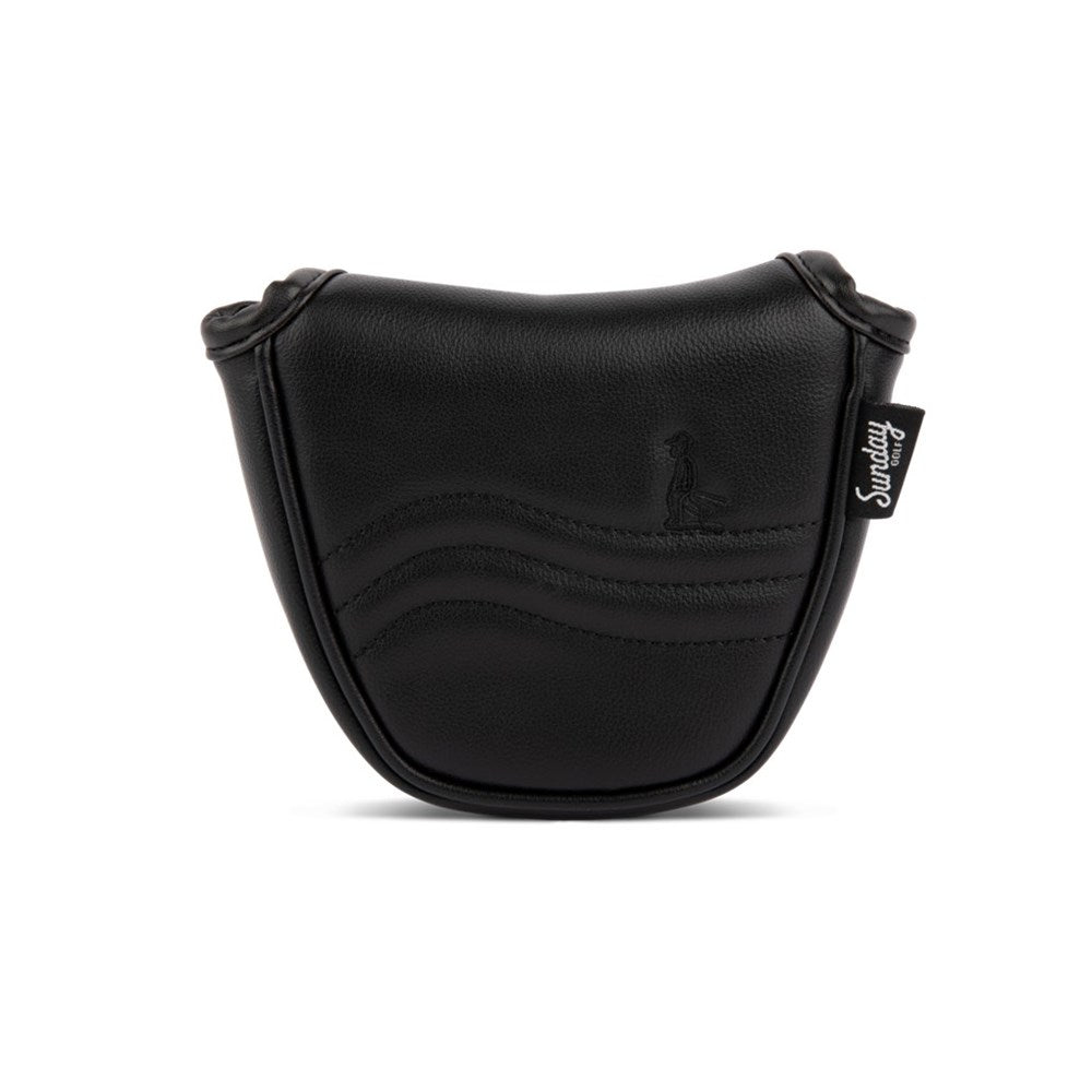 A black vegan leather mallet headcover for golf putters with a magnetic closure.