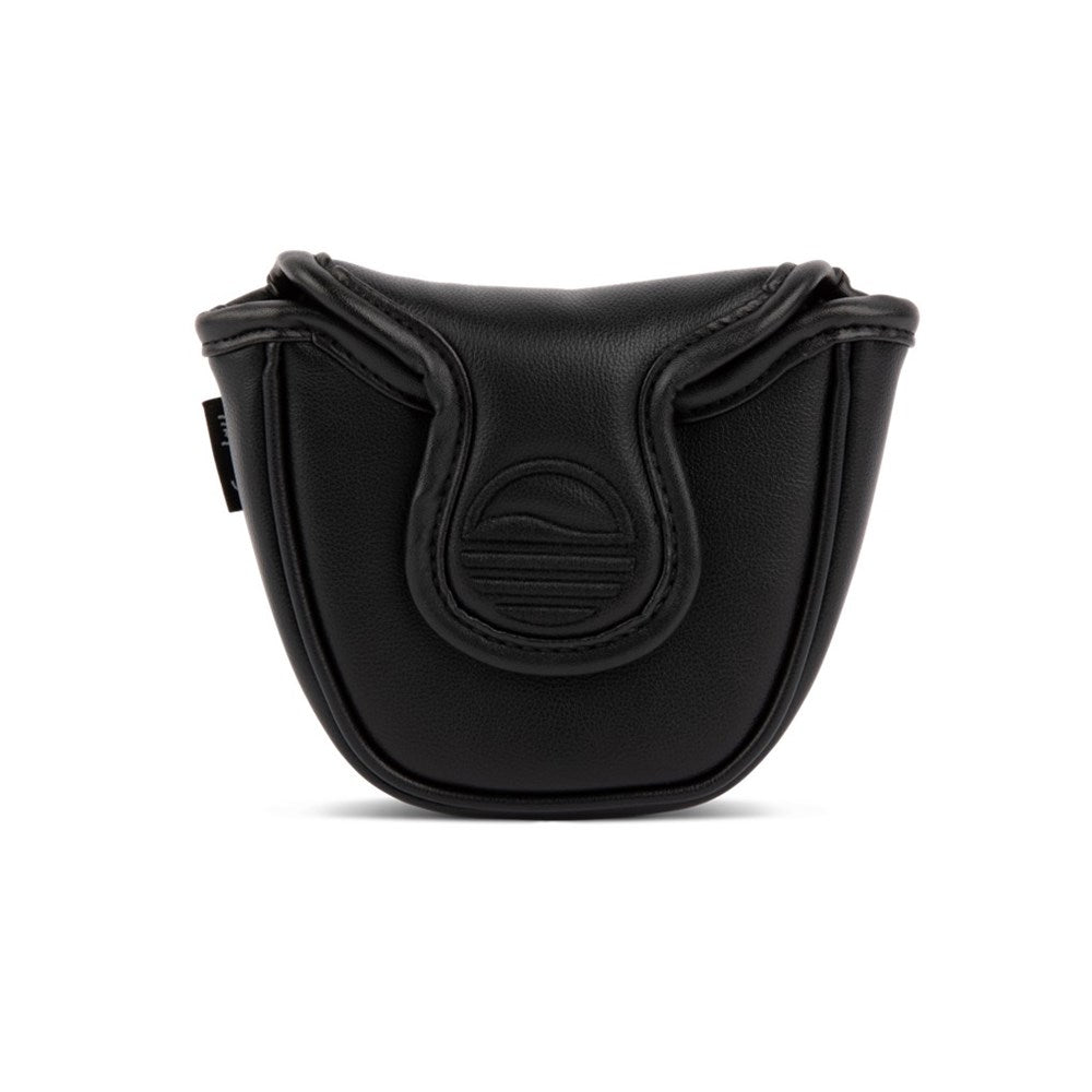 A black vegan leather mallet headcover for golf putters with a magnetic closure.