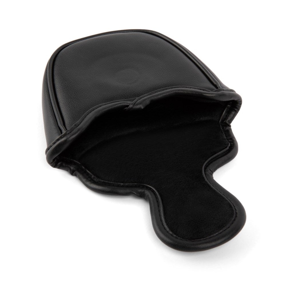 A black vegan leather mallet headcover for golf putters with a magnetic closure.
