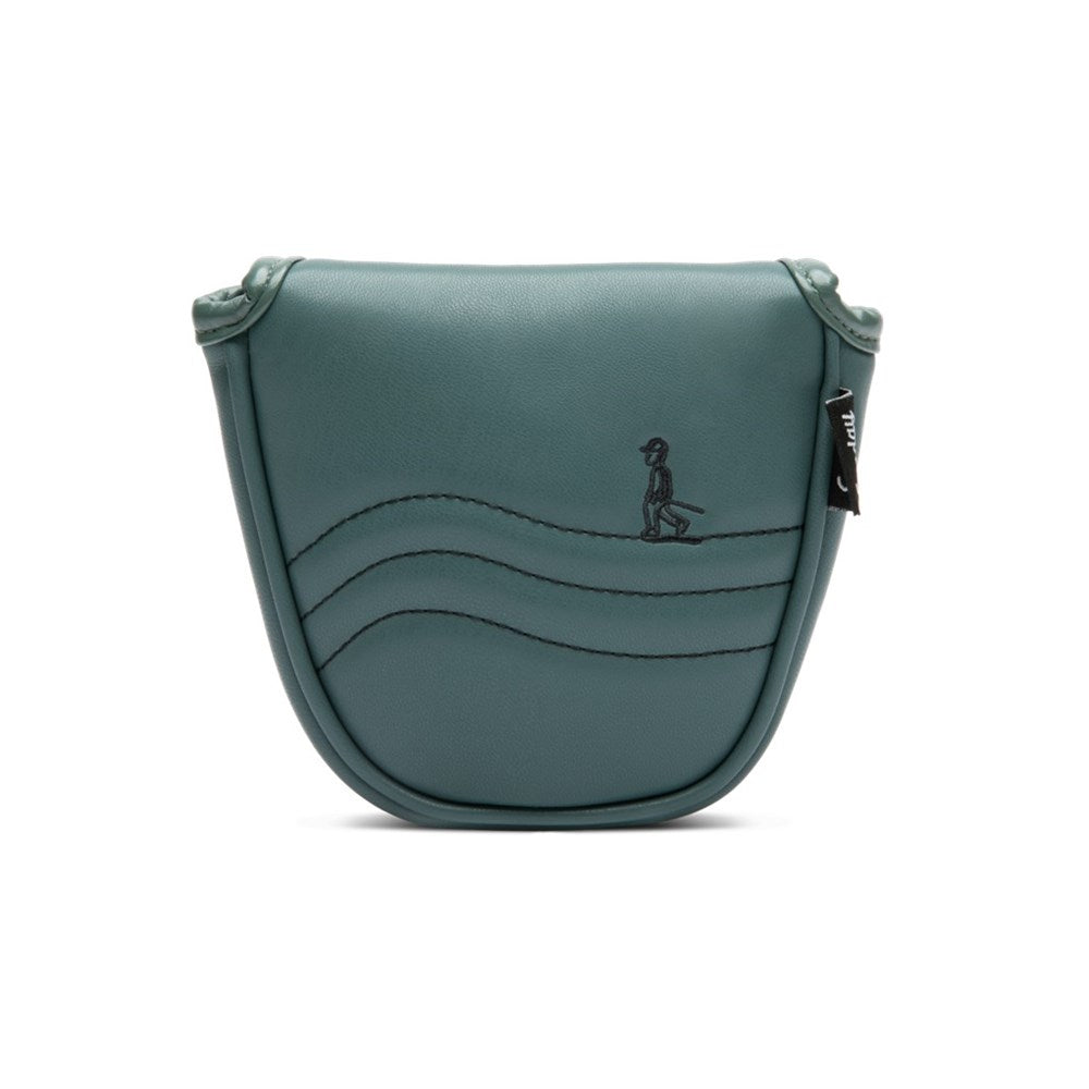 A green vegan leather mallet headcover for a golf putter with a logo on the front.