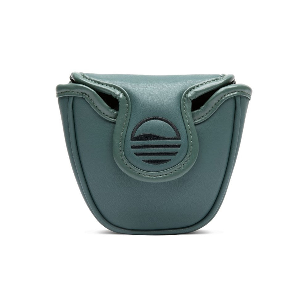 A green vegan leather mallet headcover for a golf putter with a logo on the front.