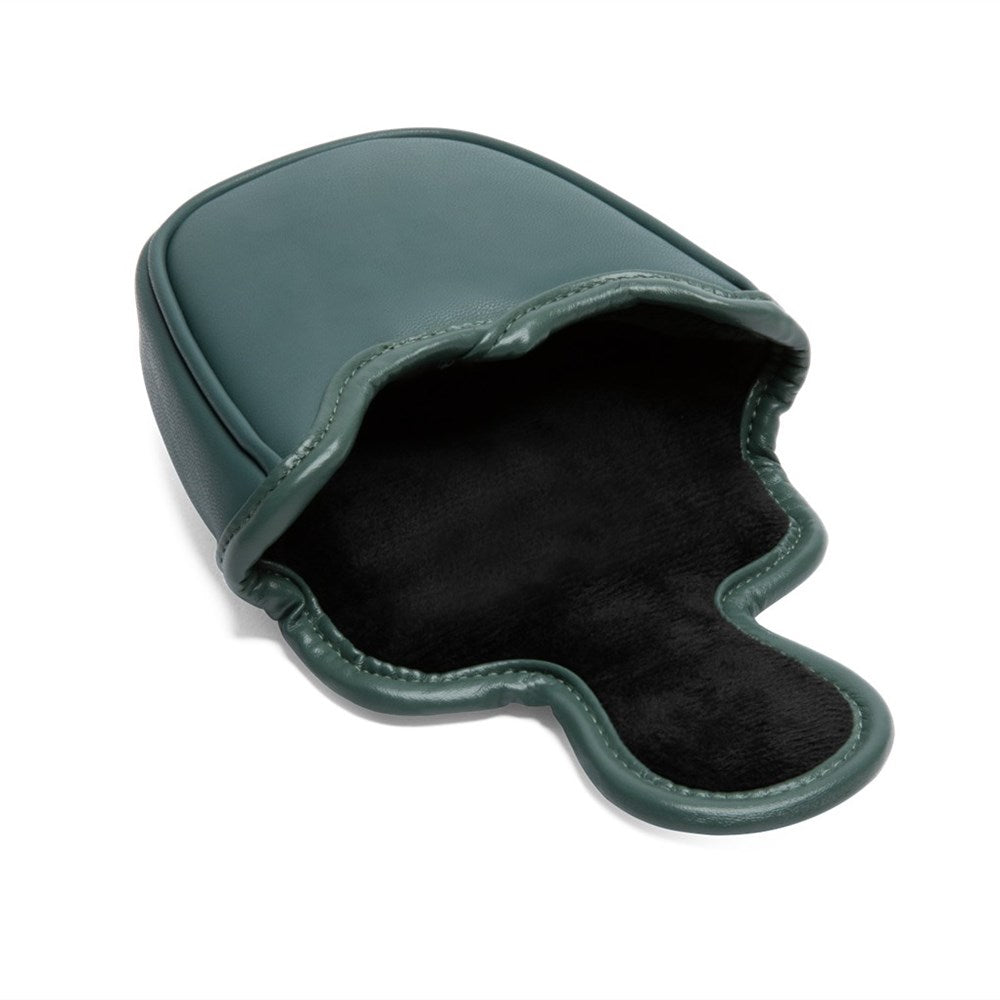 A green vegan leather mallet headcover for a golf putter with a logo on the front.