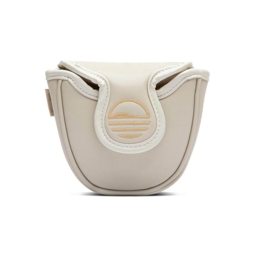 A beige mallet putter headcover made of vegan leather with a embroidered design sunday golf brand logo and a magnetic closure.