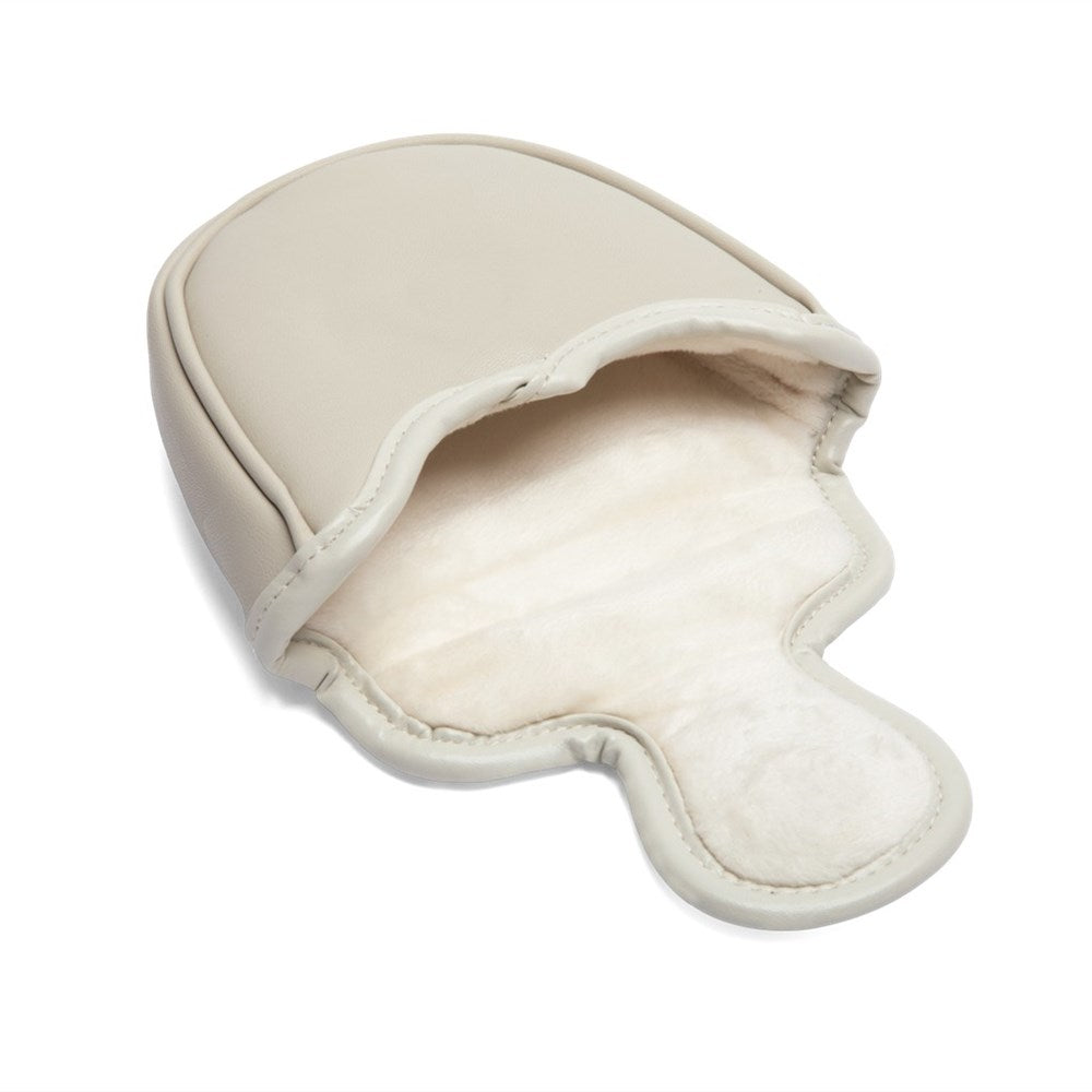 A beige mallet putter headcover made of vegan leather with a embroidered design and a magnetic closure.