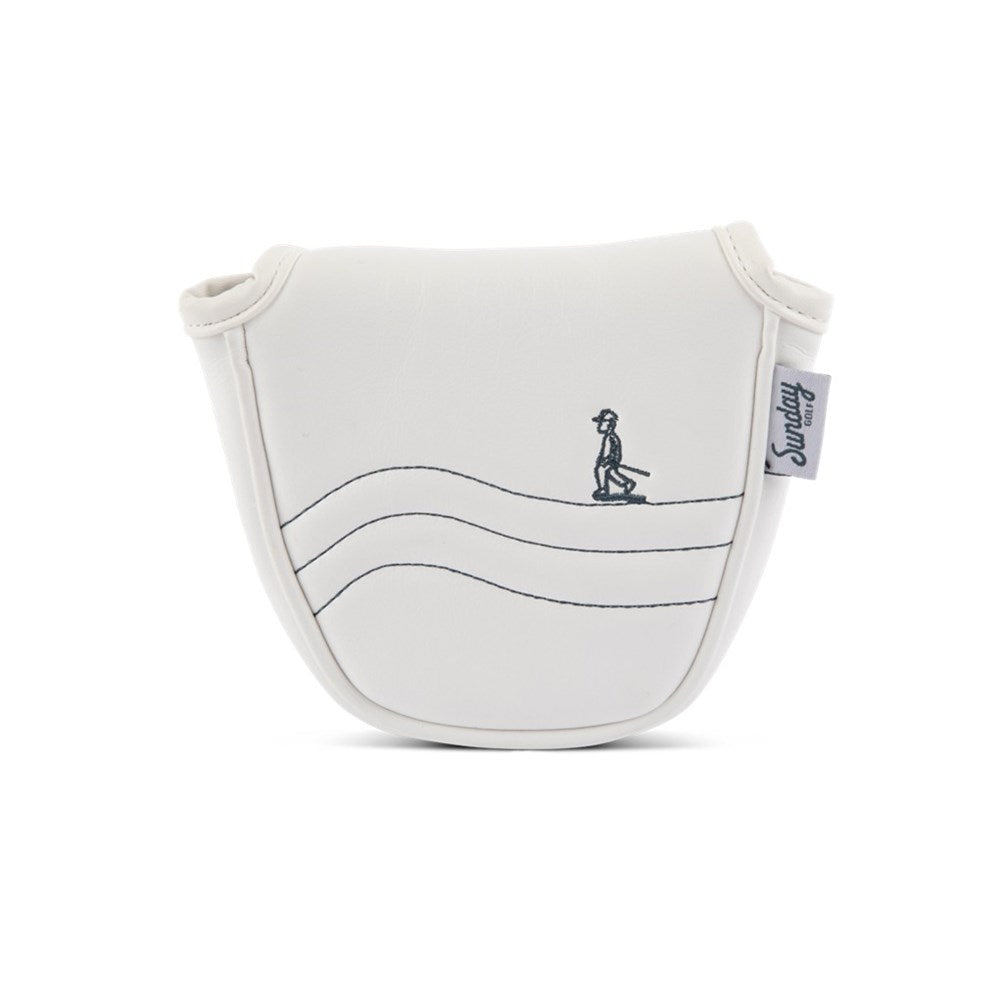 A white and navy vegan leather mallet headcover for golf putters with a decorative line drawing and a small logo.