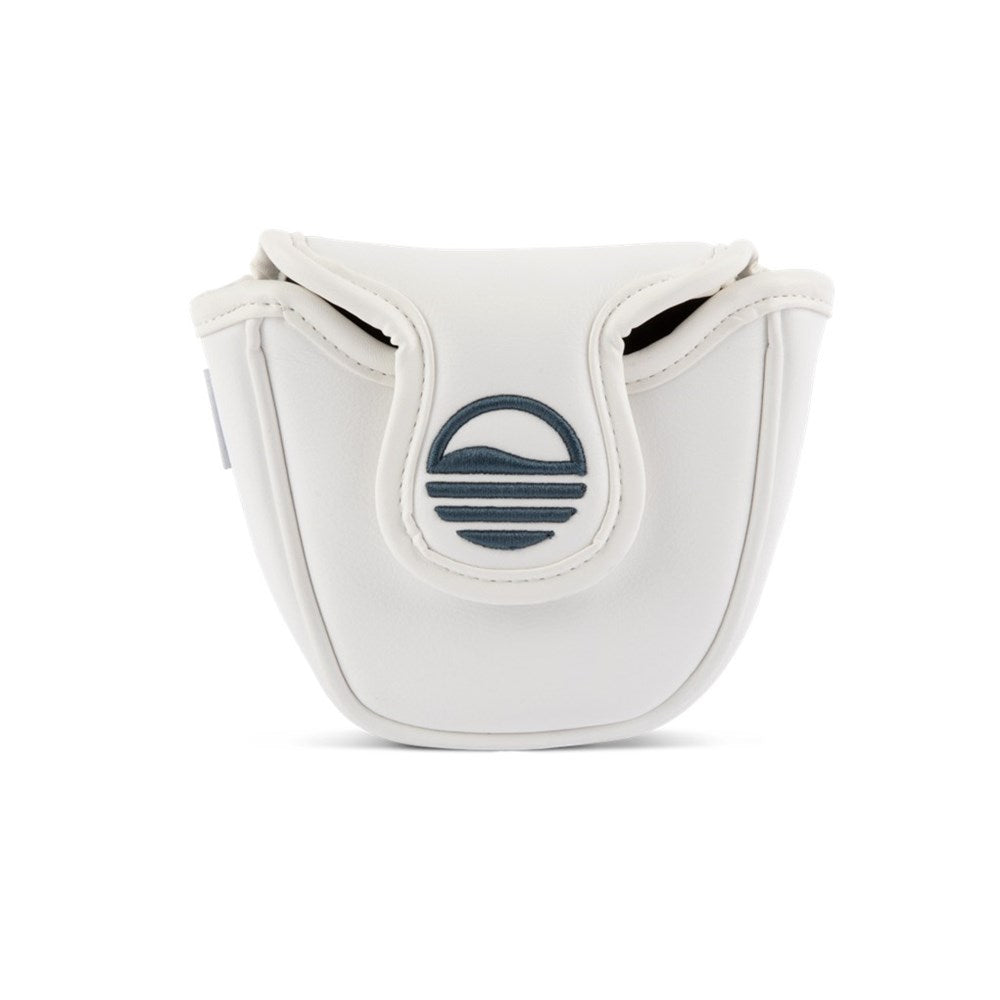 A white and navy vegan leather mallet headcover for golf putters with a Sunday golf logo