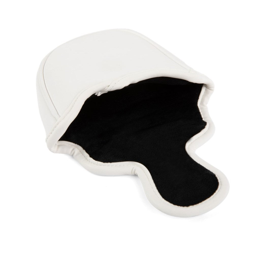 A white and navy vegan leather mallet headcover for golf putters