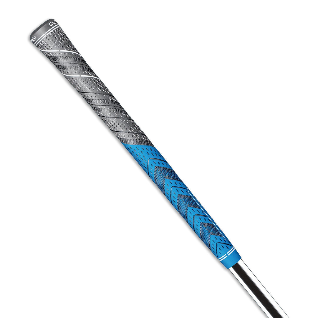 A close-up image of a golf club grip with a hybrid rubber and cord design, featuring blue and gray colors and raised texture patterns.