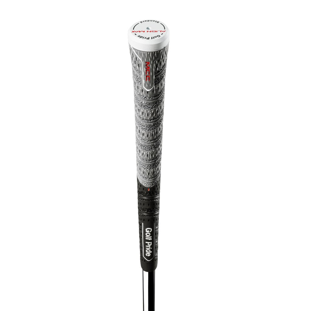 A midsize Golf Pride grip for golf clubs, featuring a black and white pattern with red accents and the brand name 'Golf Pride' printed in white on the lower side. top view