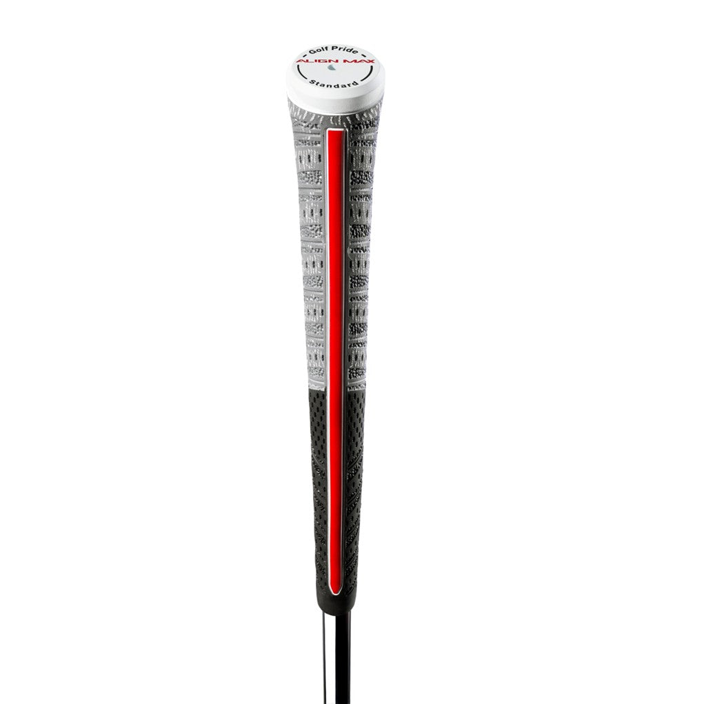 A midsize Golf Pride grip for golf clubs, featuring a black and white pattern with red accents and the brand name 'Golf Pride' printed in white on the lower side. red accent side view