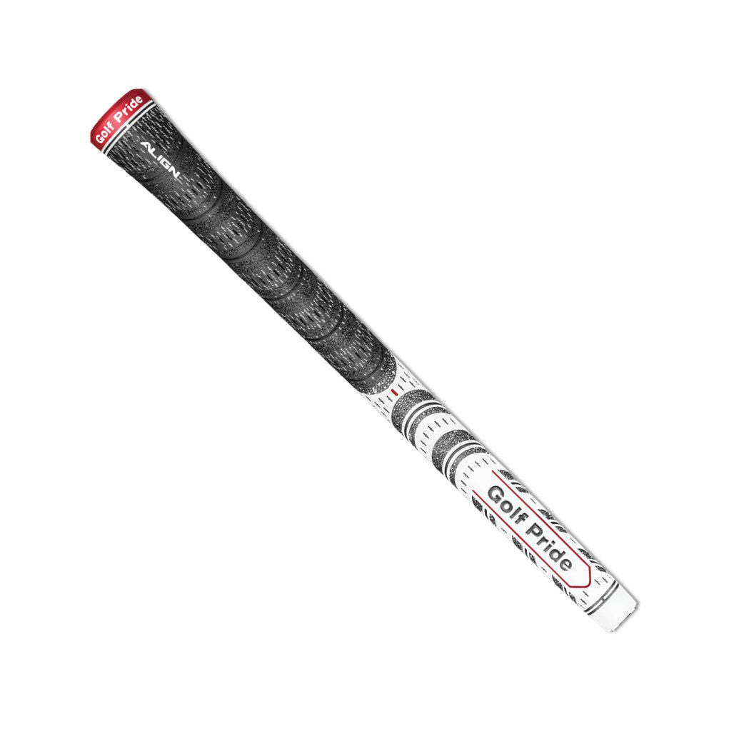 A Golf Pride midsize golf club grip with black rubber and white cord, featuring red details and the Golf Pride logo.