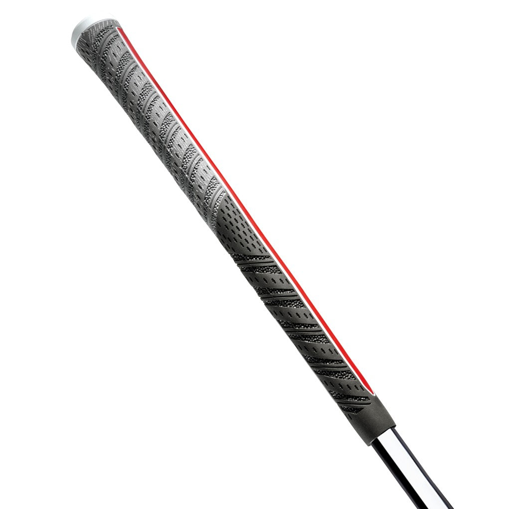 A midsize Golf Pride grip for golf clubs, featuring a black and white pattern with red accents and the brand name 'Golf Pride' printed in white on the lower side.
