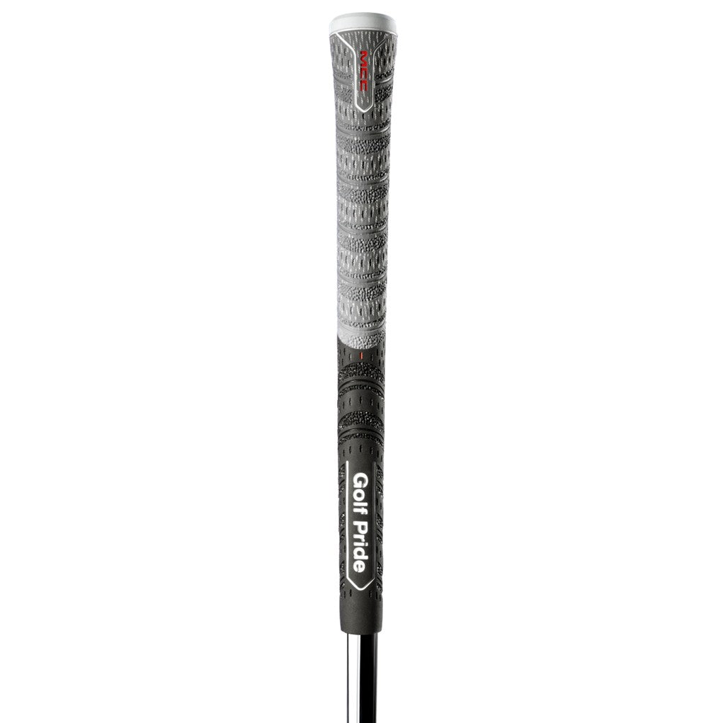A midsize Golf Pride grip for golf clubs, featuring a black and white pattern with red accents and the brand name 'Golf Pride' printed in white on the lower side. vertical view
