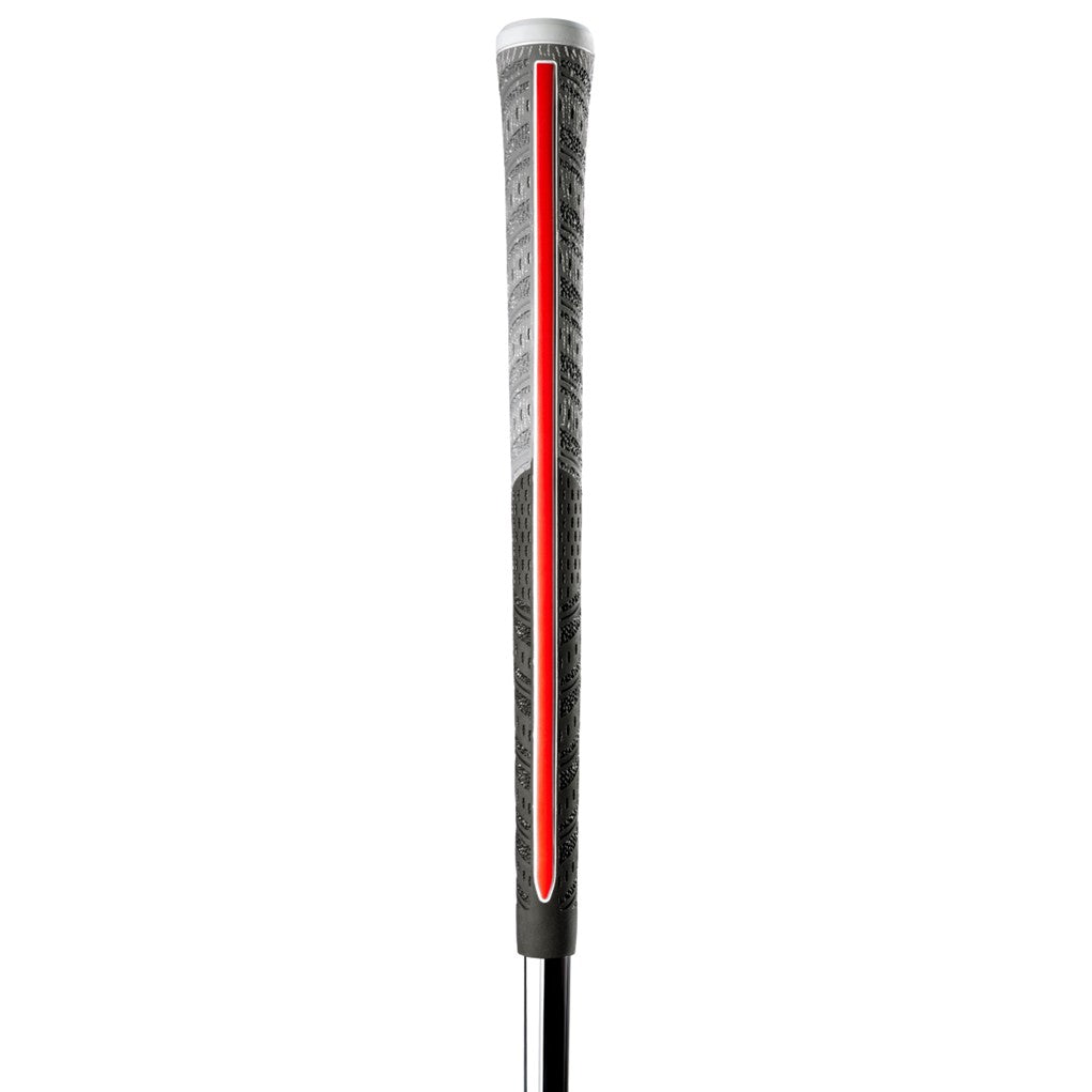 A midsize Golf Pride grip for golf clubs, featuring a black and white pattern with red accents and the brand name 'Golf Pride' printed in white on the lower side. Red accent side profile