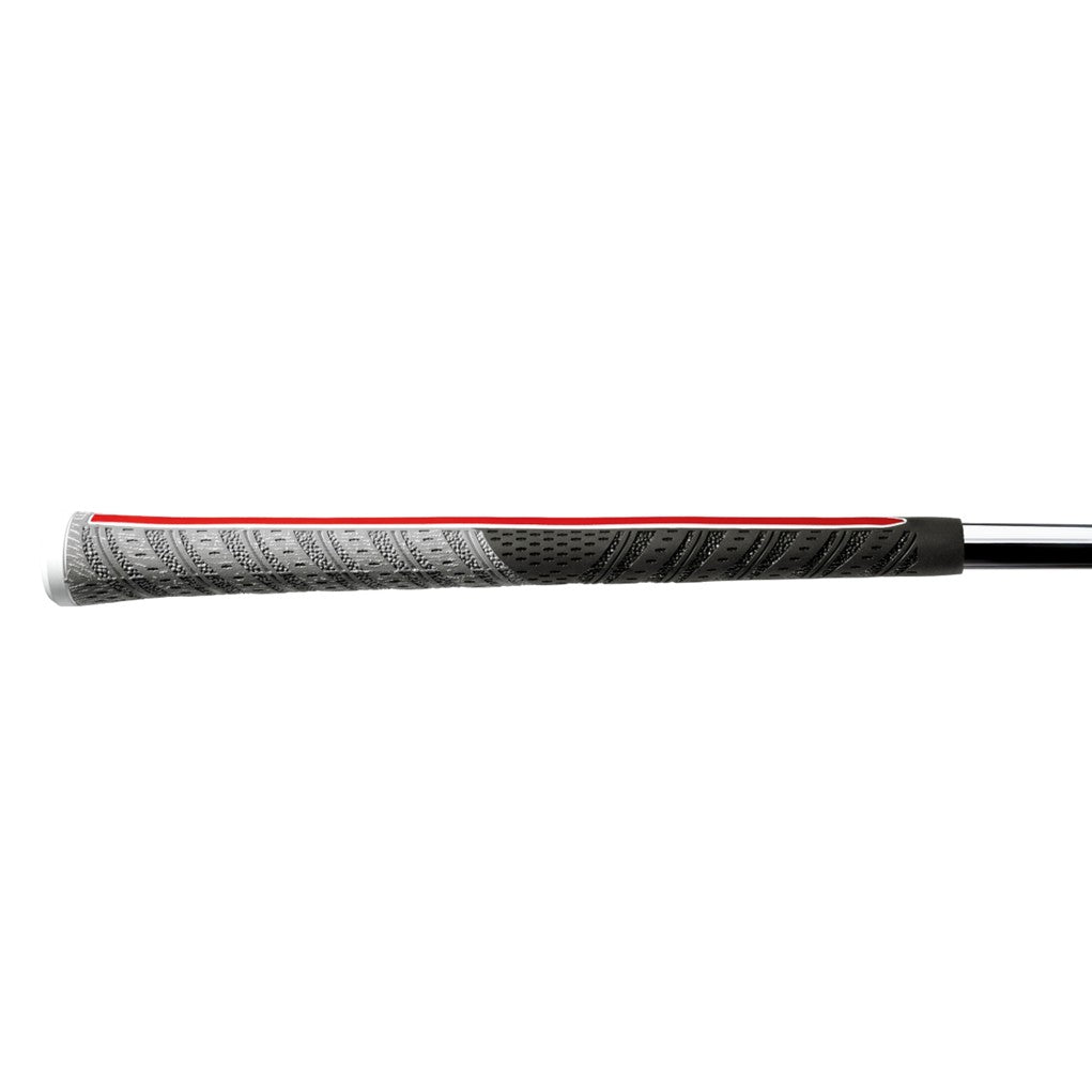 A midsize Golf Pride grip for golf clubs, featuring a black and white pattern with red accents and the brand name 'Golf Pride' printed in white on the lower side. horizontal view