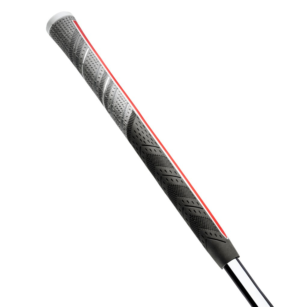 A black and gray golf grip with red detailing