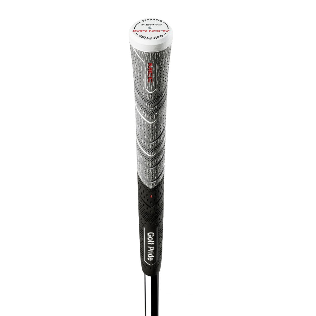 A black and gray golf grip with red detailing and the brand 'Golf Pride' written on it.