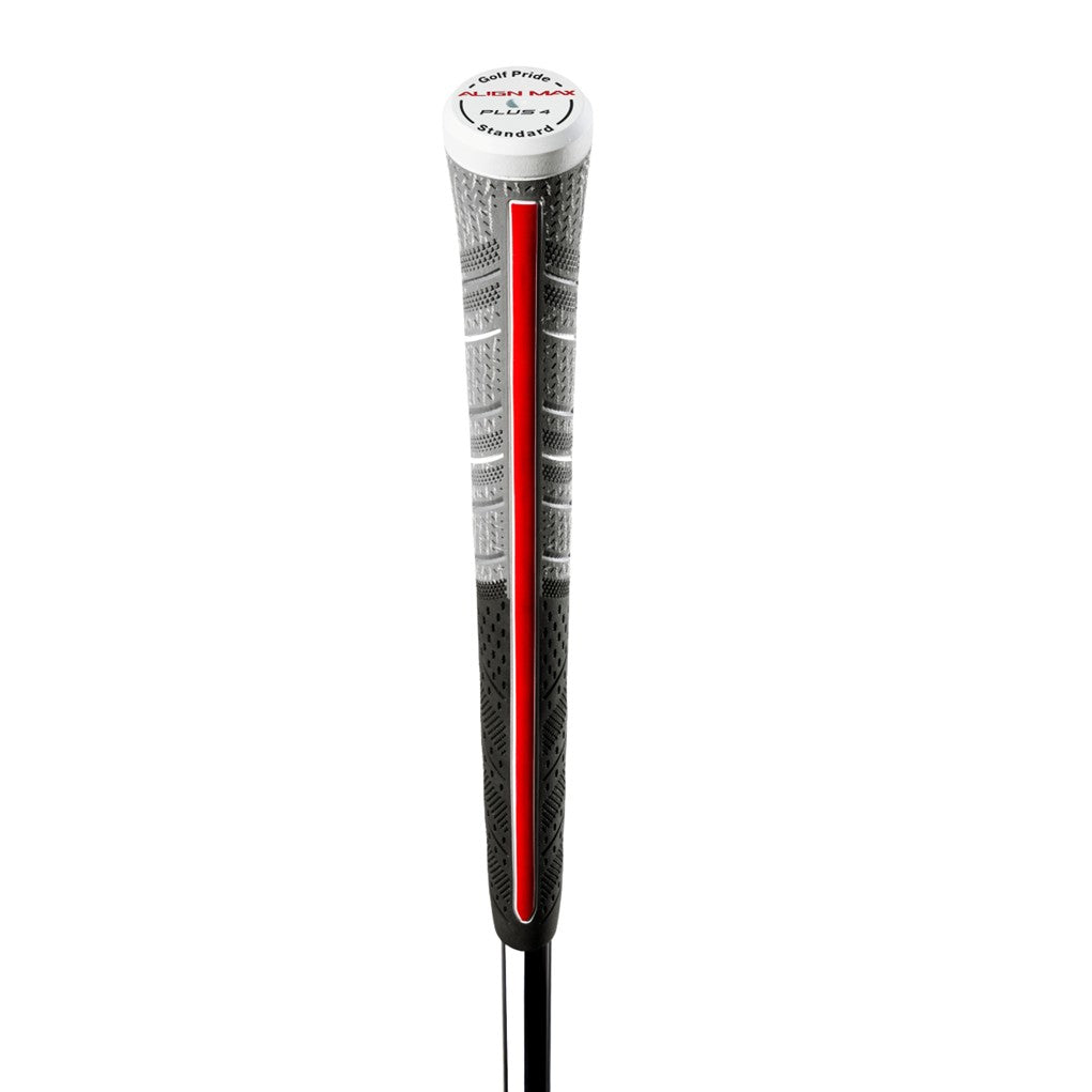 A black and gray golf grip with red detailing and the brand 'Golf Pride' written on it.