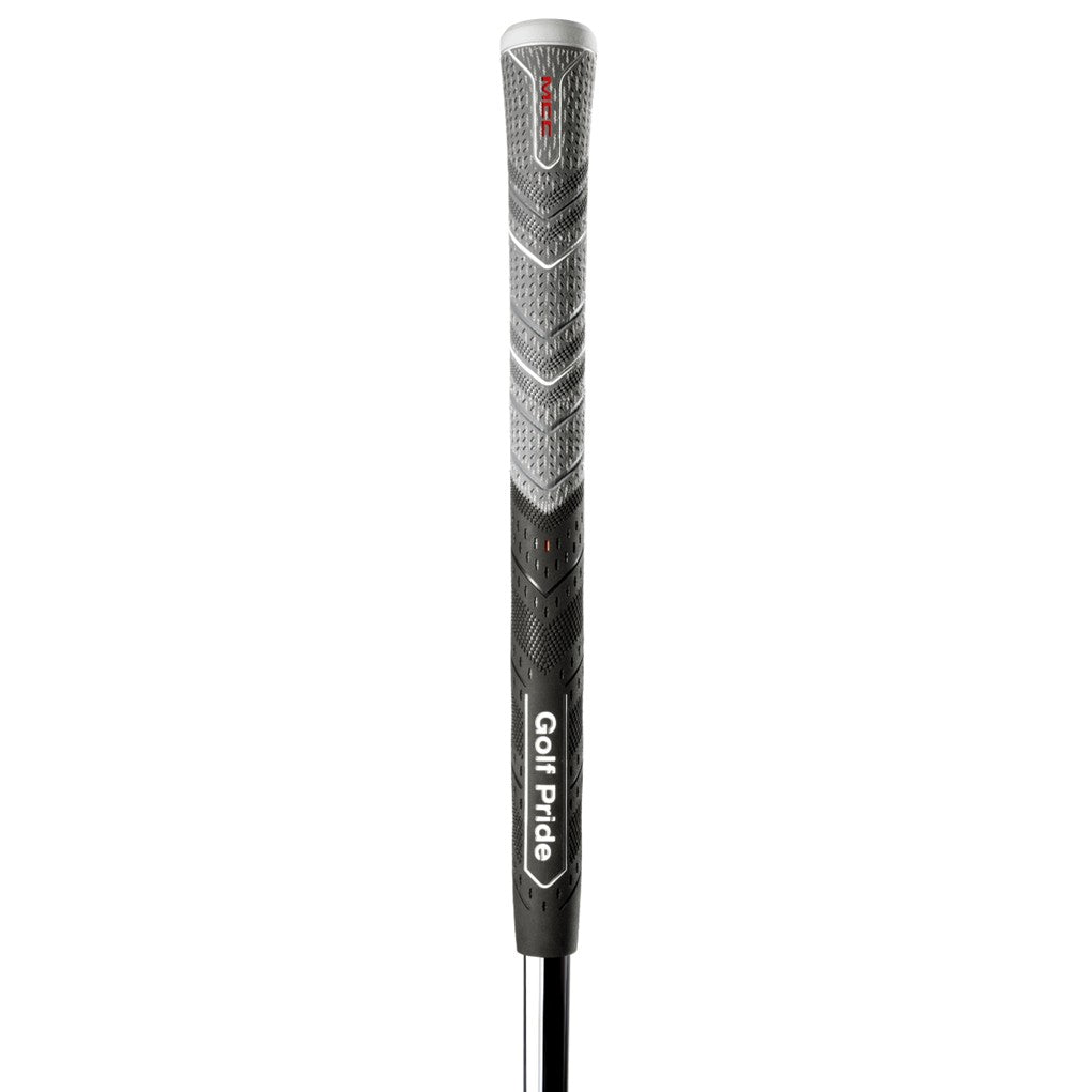 A black and gray golf grip with red detailing and the brand 'Golf Pride' written on it.