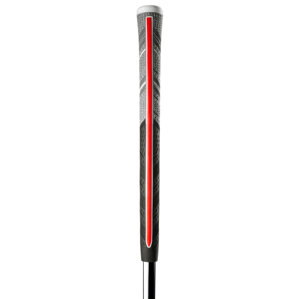 A black and gray golf grip with red detailing and the brand 'Golf Pride' written on it.