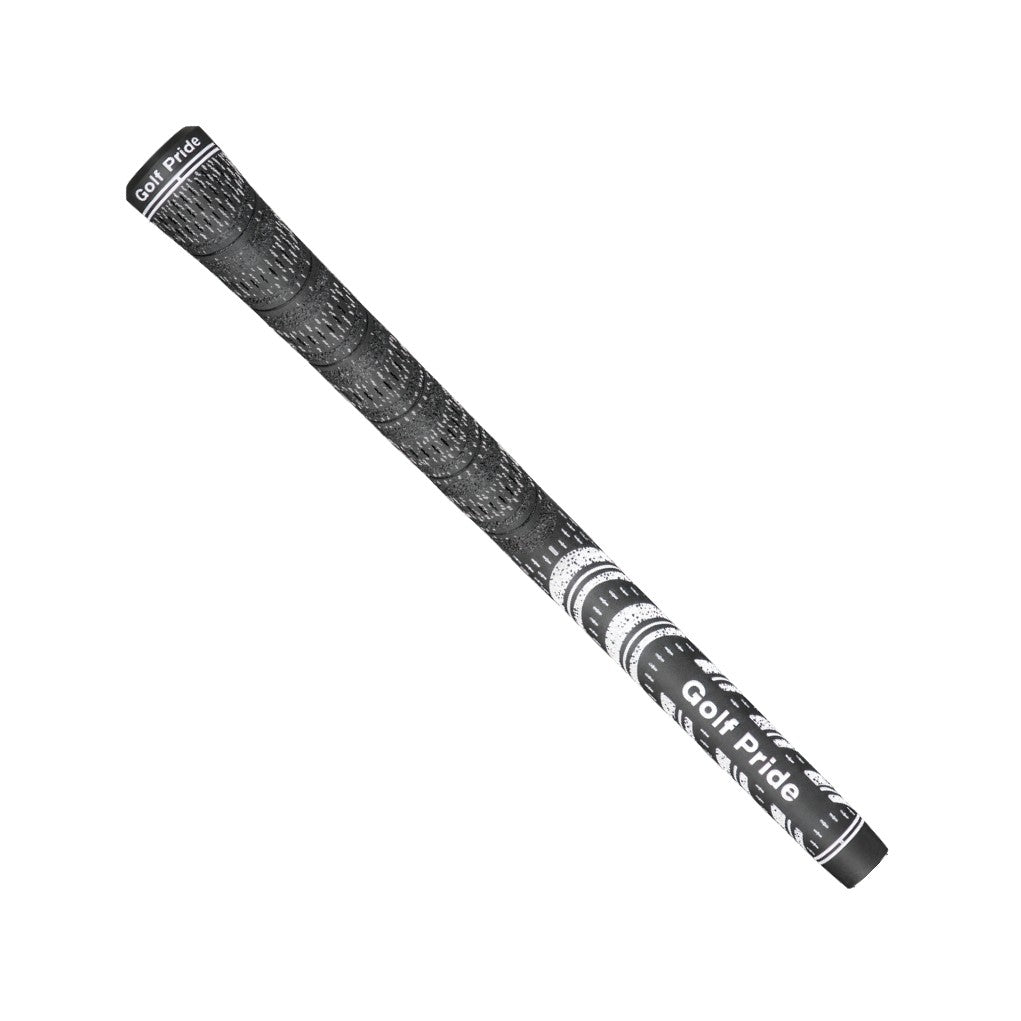 A black and white Golf Pride midsize club grip with a pebbled texture and plus sign patterns.