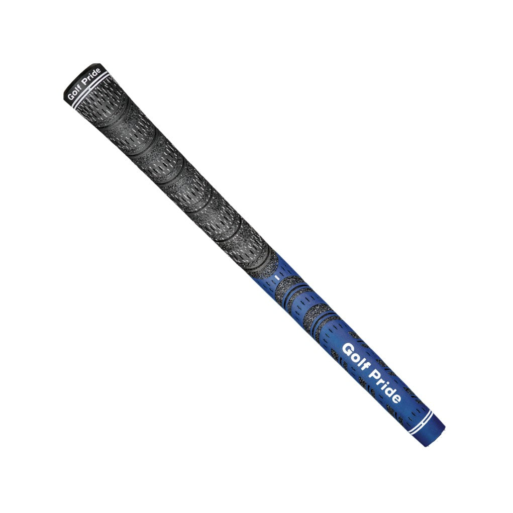 A black and white Golf Pride midsize club grip with a pebbled texture and plus sign patterns.