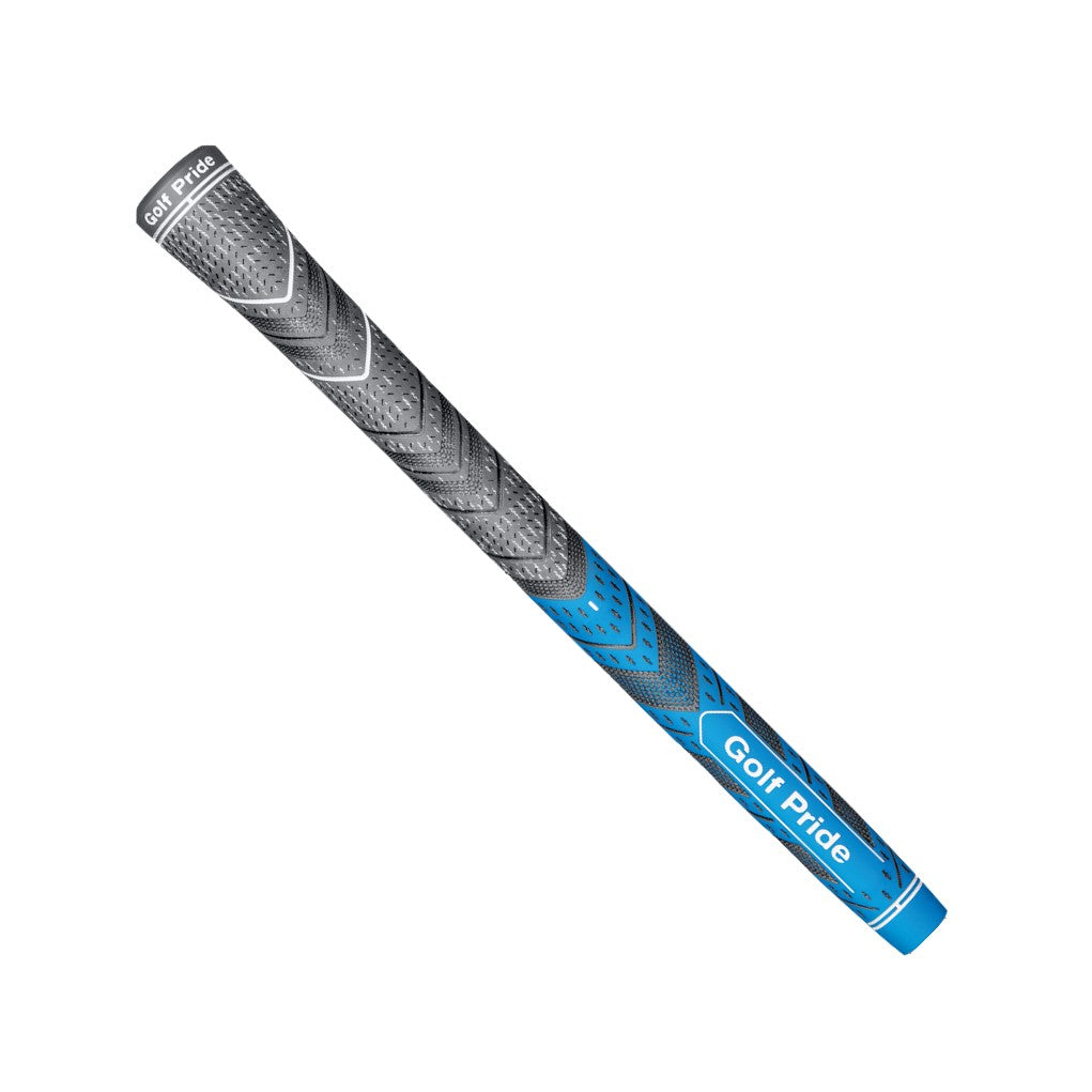 A Golf Pride midsize golf club grip with a blue and gray color scheme, featuring texture patterns for grip enhancement.